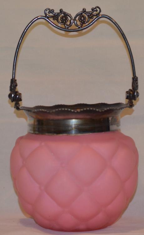 Consolidated Antique Pink Satin Glass Quilted Biscuit Jar With Fancy Handle Ebay